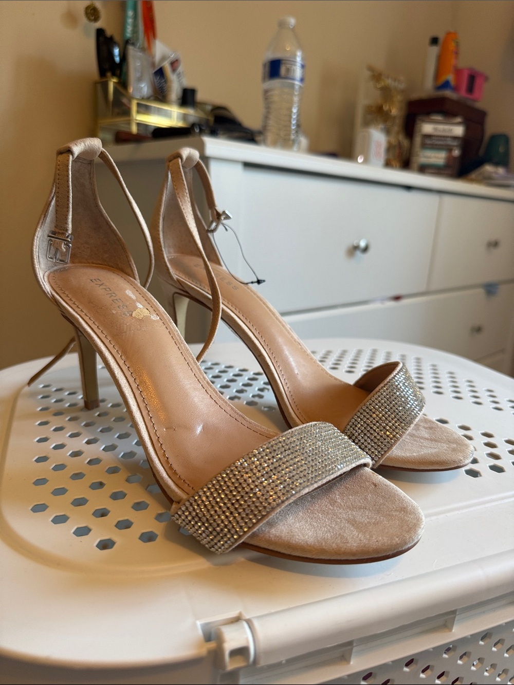Express Nude Rhinestone Strap Stiletto Heels